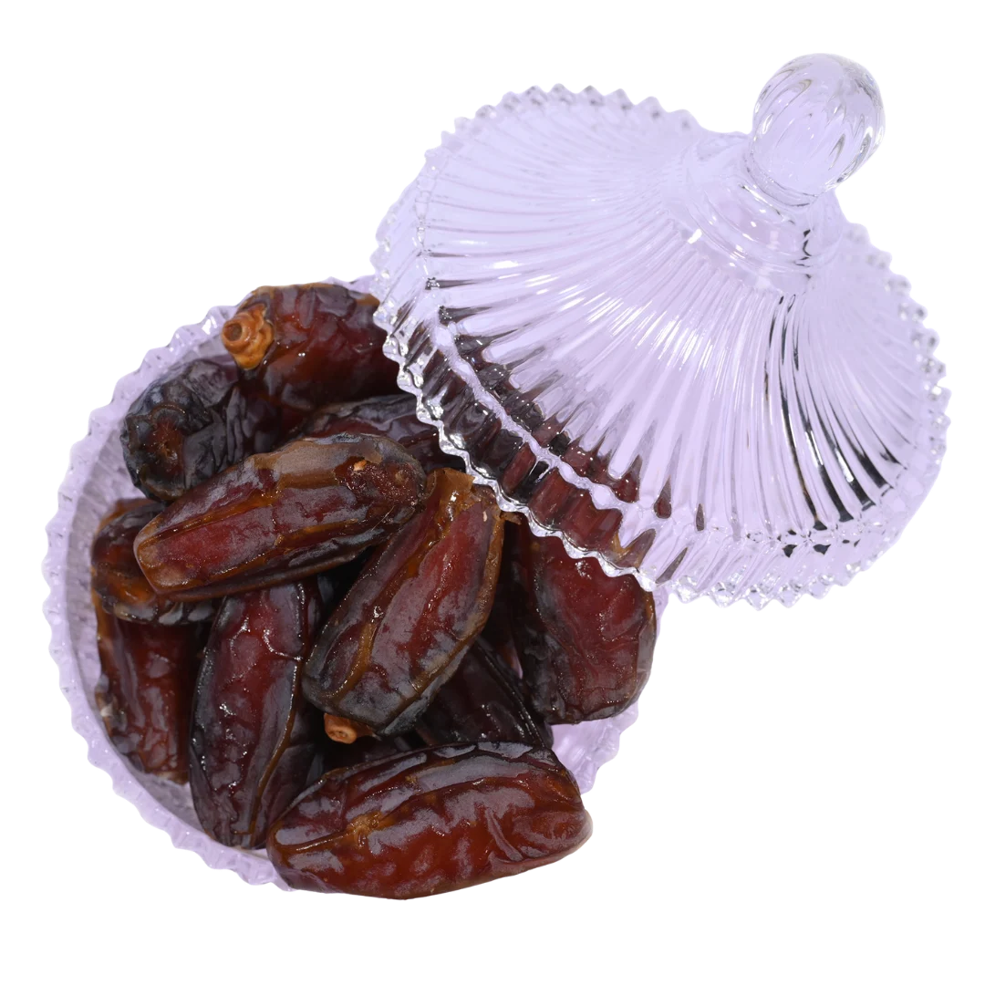 Mabroom Premium Dates in Glass Bowl Soft Chewy Saudi Khajur Rich in Iron and Fiber