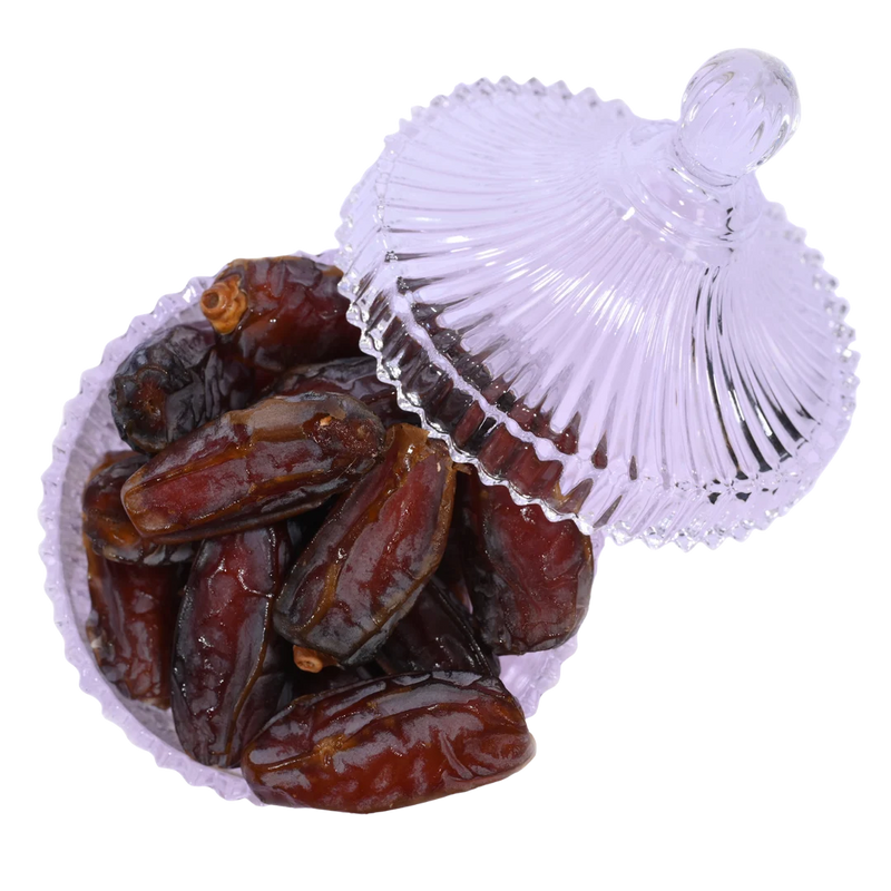Mabroom Premium Dates in Glass Bowl Soft Chewy Saudi Khajur Rich in Iron and Fiber