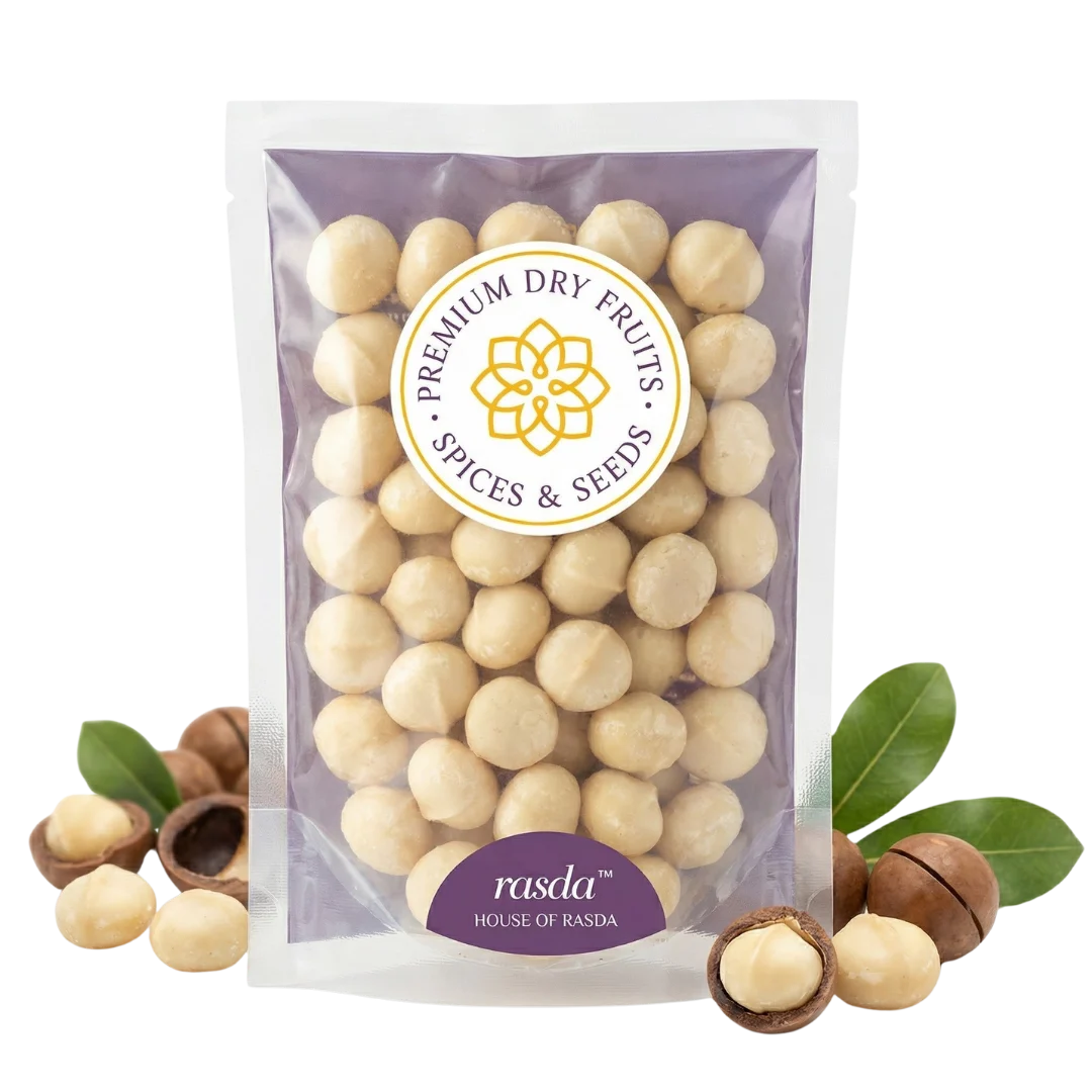 Packaged macadamia nuts with 'rasda' branding on a white background
