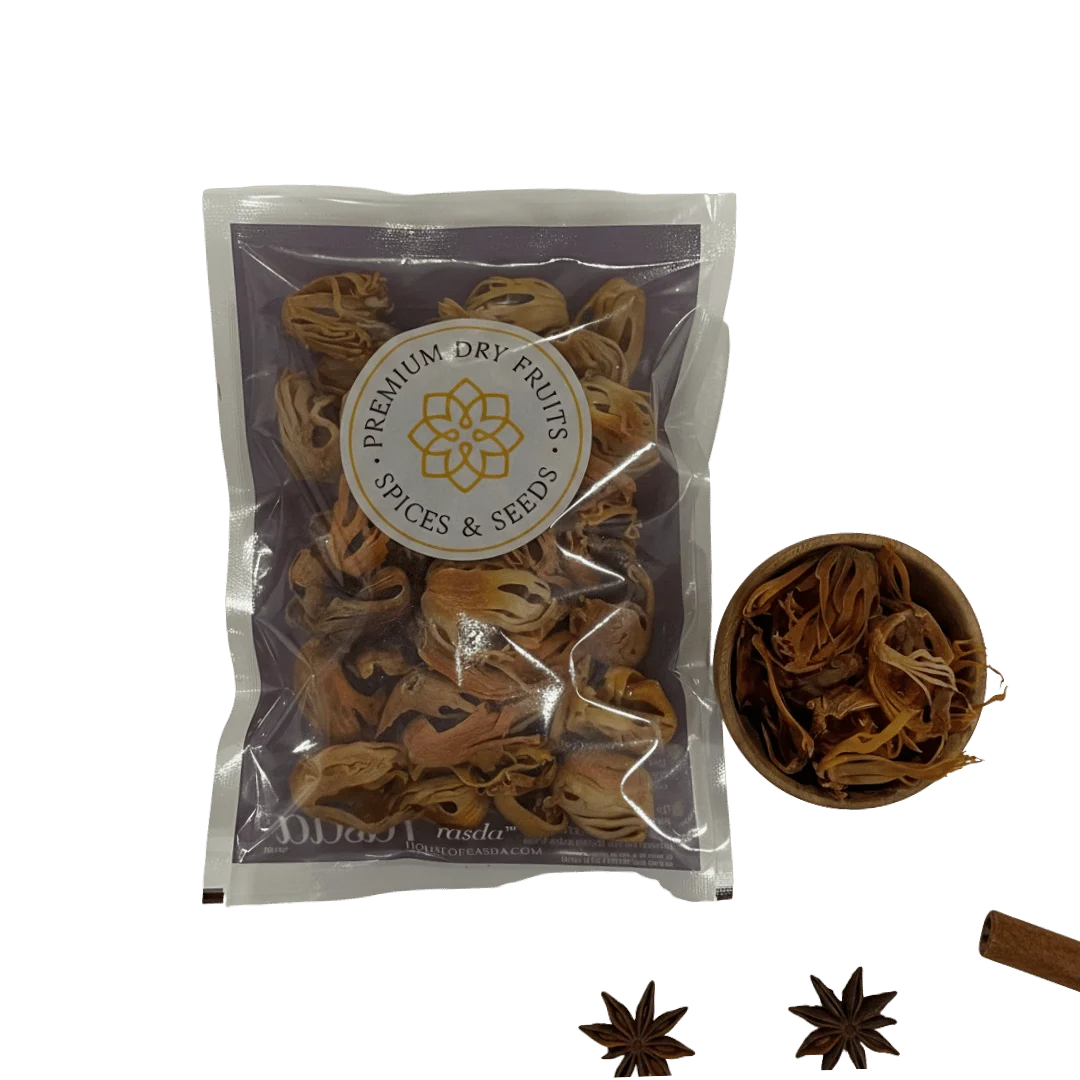 Premium mace javitri by Rasda with whole mace spice in wooden bowl on transparent background