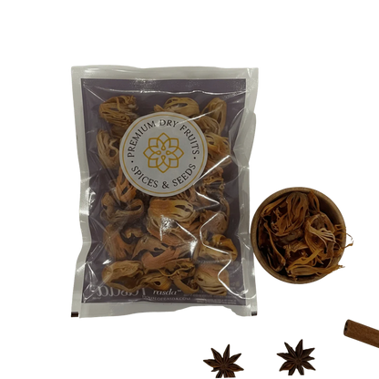 Premium mace javitri by Rasda with whole mace spice in wooden bowl on transparent background