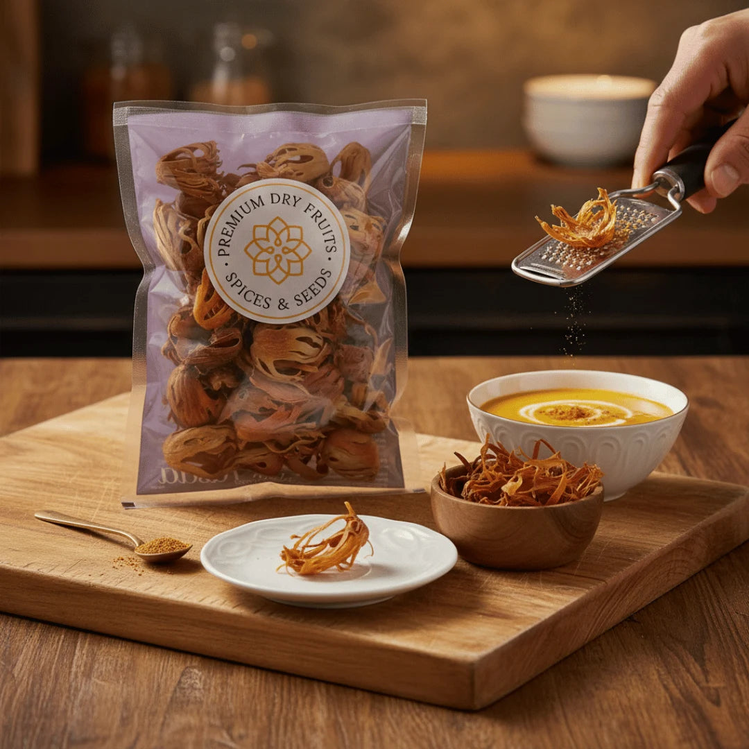 Whole mace javitri spice strands in a wooden bowl – aromatic premium quality