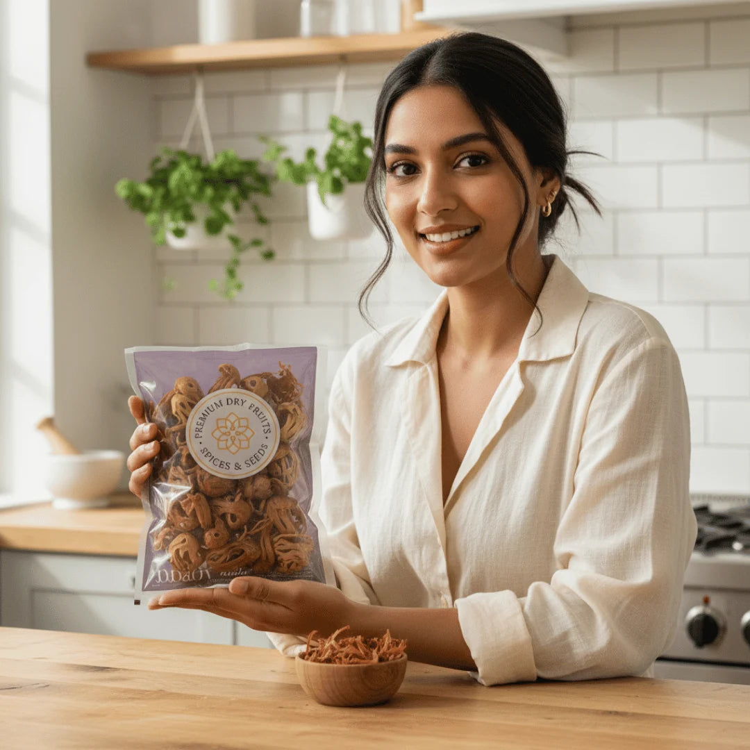 Woman holding Rasda premium mace javitri pack in modern kitchen setting