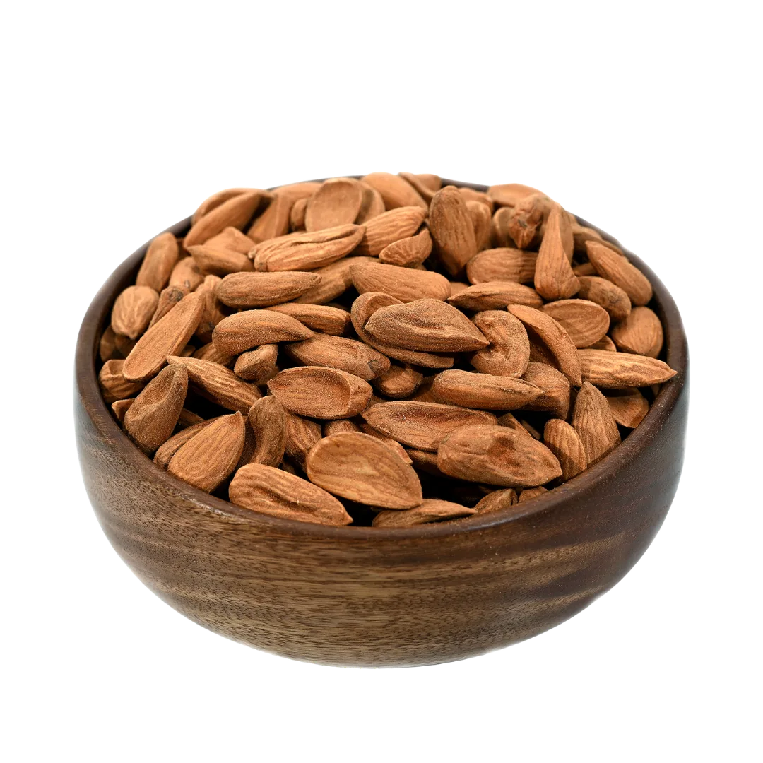 Wooden bowl filled with almonds on a white background Premium Mini Mamra Almonds Natural, Crunchy & Nutritious