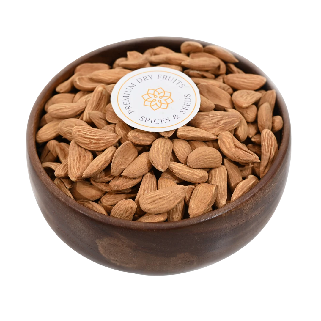 Mamra Almonds Premium Badam in wooden bowl – rich crunchy nuts packed with protein omega 3 and vitamin E for healthy lifestyle