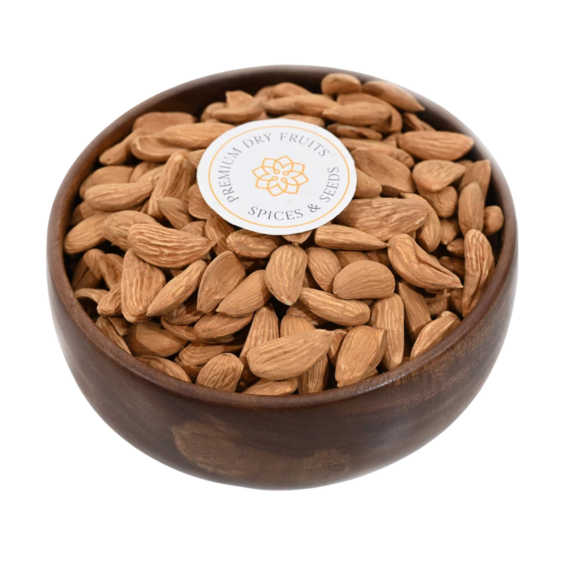 Mamra Almonds Premium Badam in wooden bowl – rich crunchy nuts packed with protein omega 3 and vitamin E for healthy lifestyle