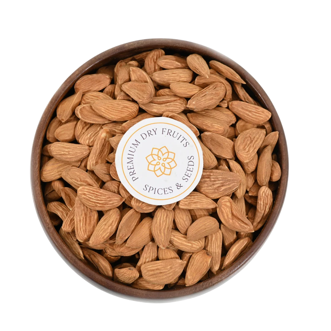 Premium Mamra Almonds Badam close up – handpicked Kashmiri dry fruits known for high nutrition and natural sweetness