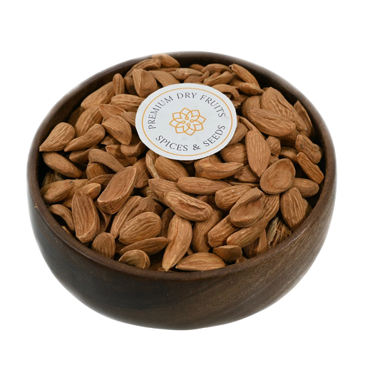 Mamra Almonds Choice Badam in wooden bowl – premium Kashmiri dry fruits rich in protein omega 3 and vitamin E for healthy snacking