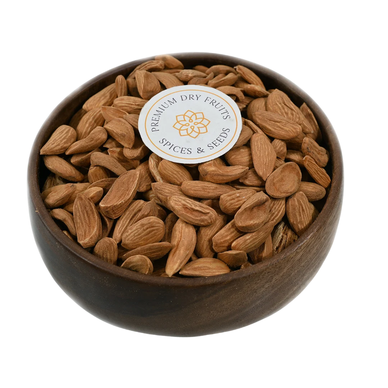 Mamra Almonds Choice Badam in wooden bowl – premium Kashmiri dry fruits rich in protein omega 3 and vitamin E for healthy snacking