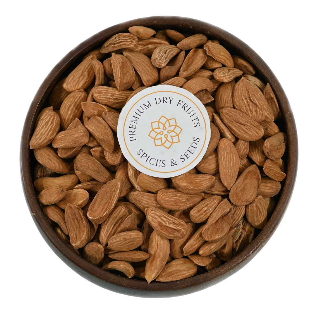 Crunchy Mamra Almonds Choice Badam close up – natural handpicked almonds packed with healthy fats and antioxidants