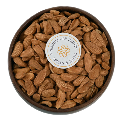 Premium Mamra Almonds Select Badam close up – crunchy natural almonds packed with protein and antioxidants for healthy snacking