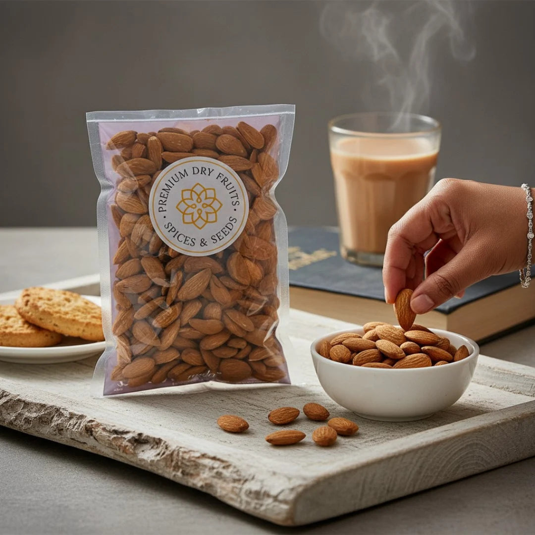 Mamra Almonds being poured from a bag labeled onto a bowl on a wooden tray with a glass of tea in the background.