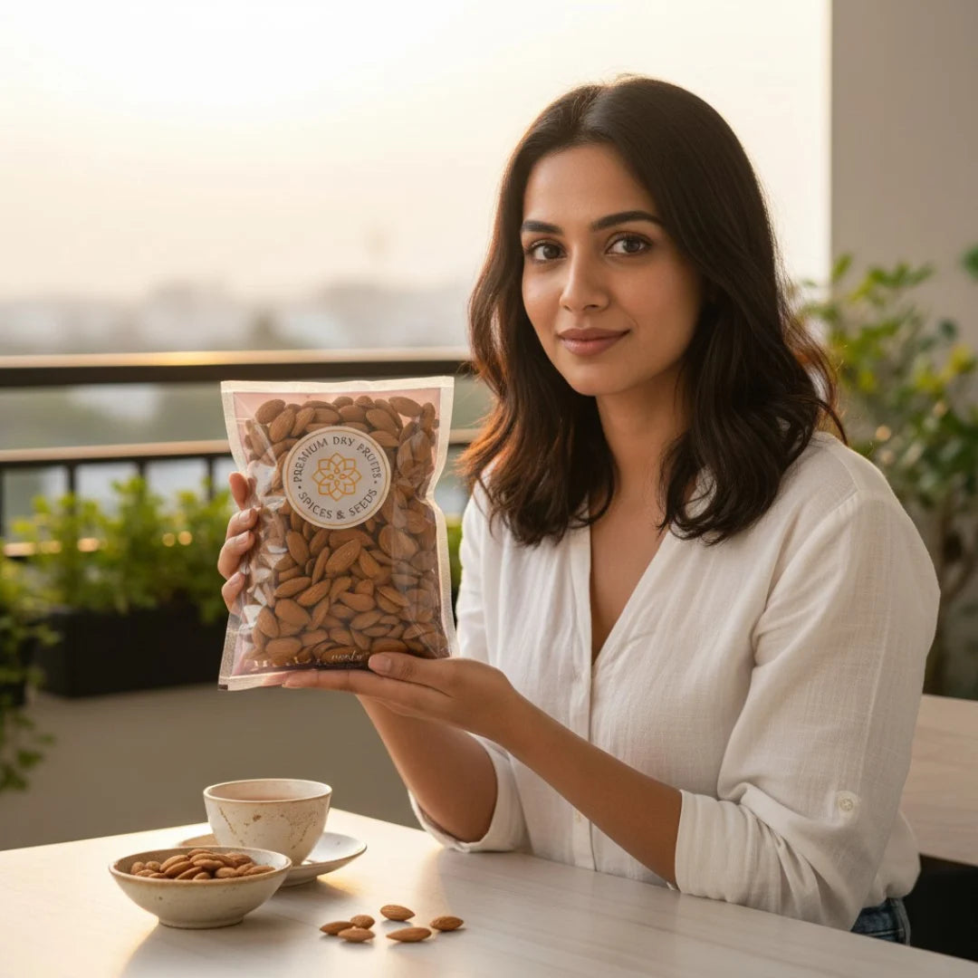 Woman holding a package of Mamra almonds on a table with a scenic background