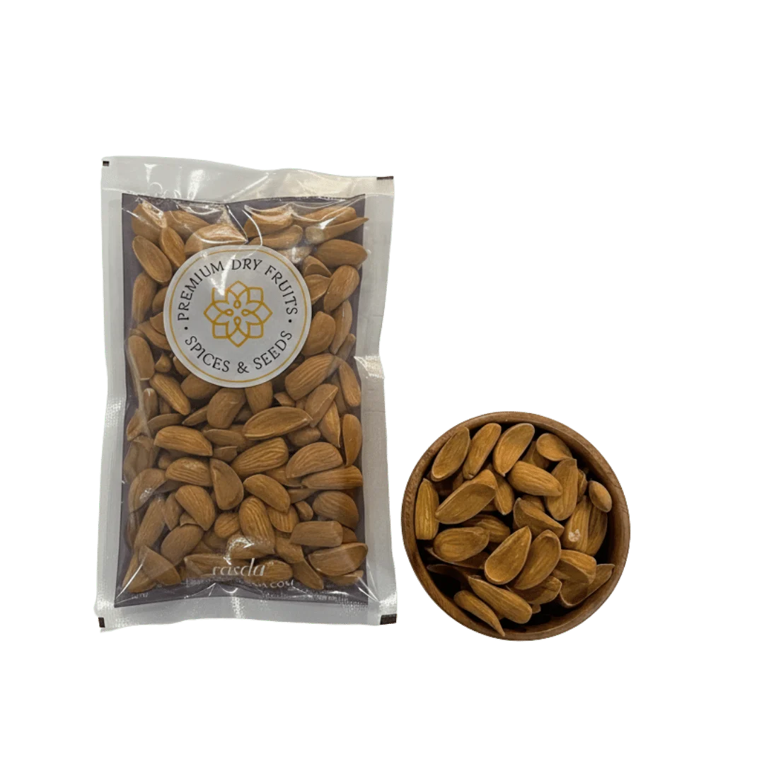 Mamra Almonds in a clear packaging bag with a brand logo on a white background