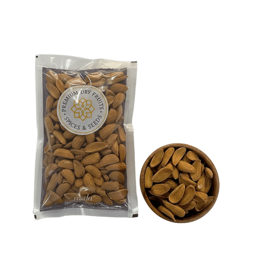 Mamra Almonds in a clear packaging bag with a brand logo on a white background