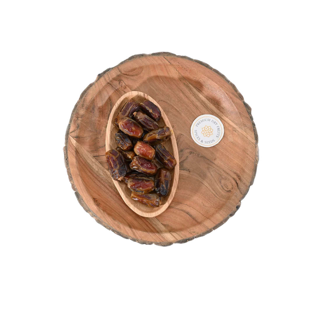 Mashrooq Dates Premium Saudi Arabia in wooden bowl – fiber-rich Arabian dates