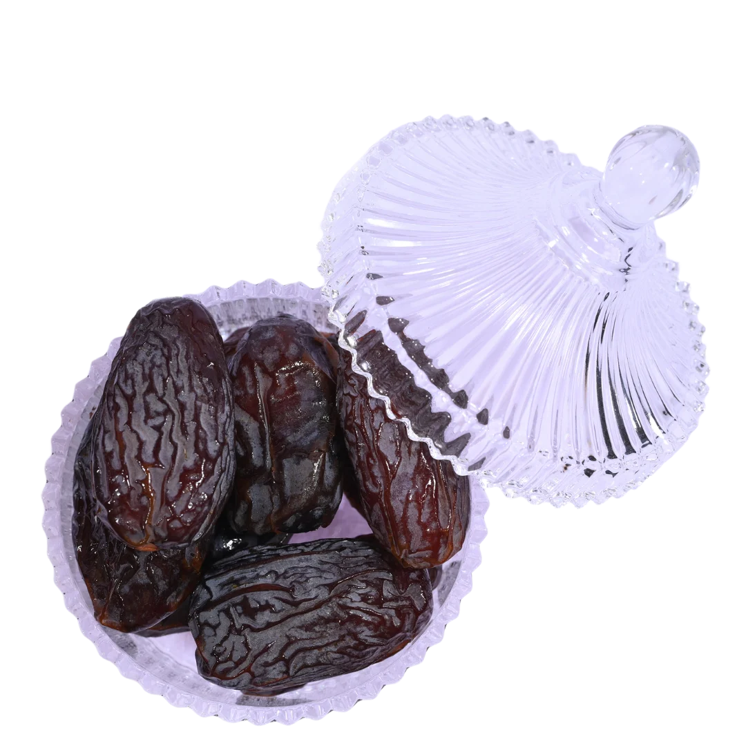 Premium Palestine Medjoul Dates Super Jumbo in glass bowl soft sweet natural dates rich in fiber and energy
