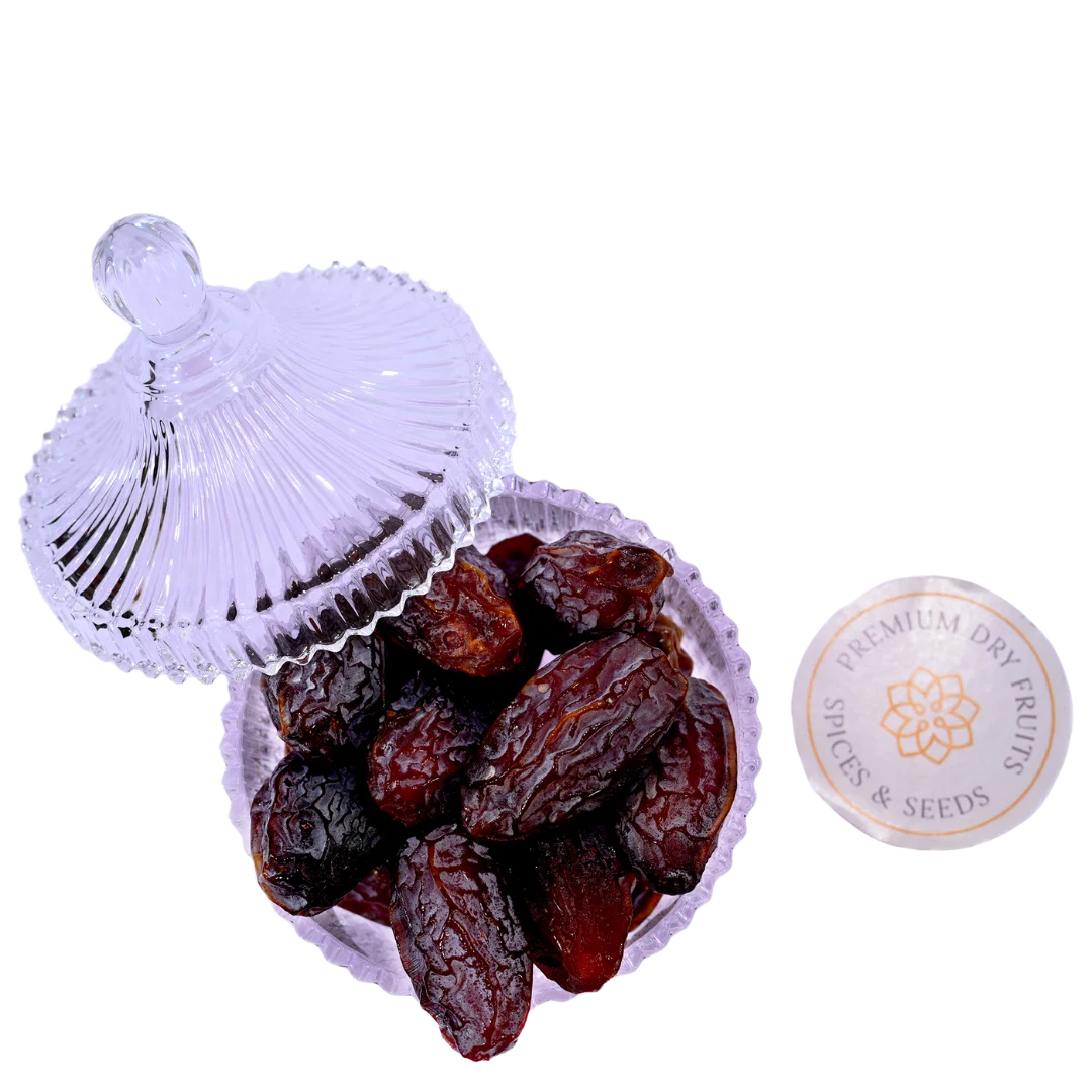 Medium Medjoul Dates from Palestine served in glass bowl premium quality natural healthy dry fruits