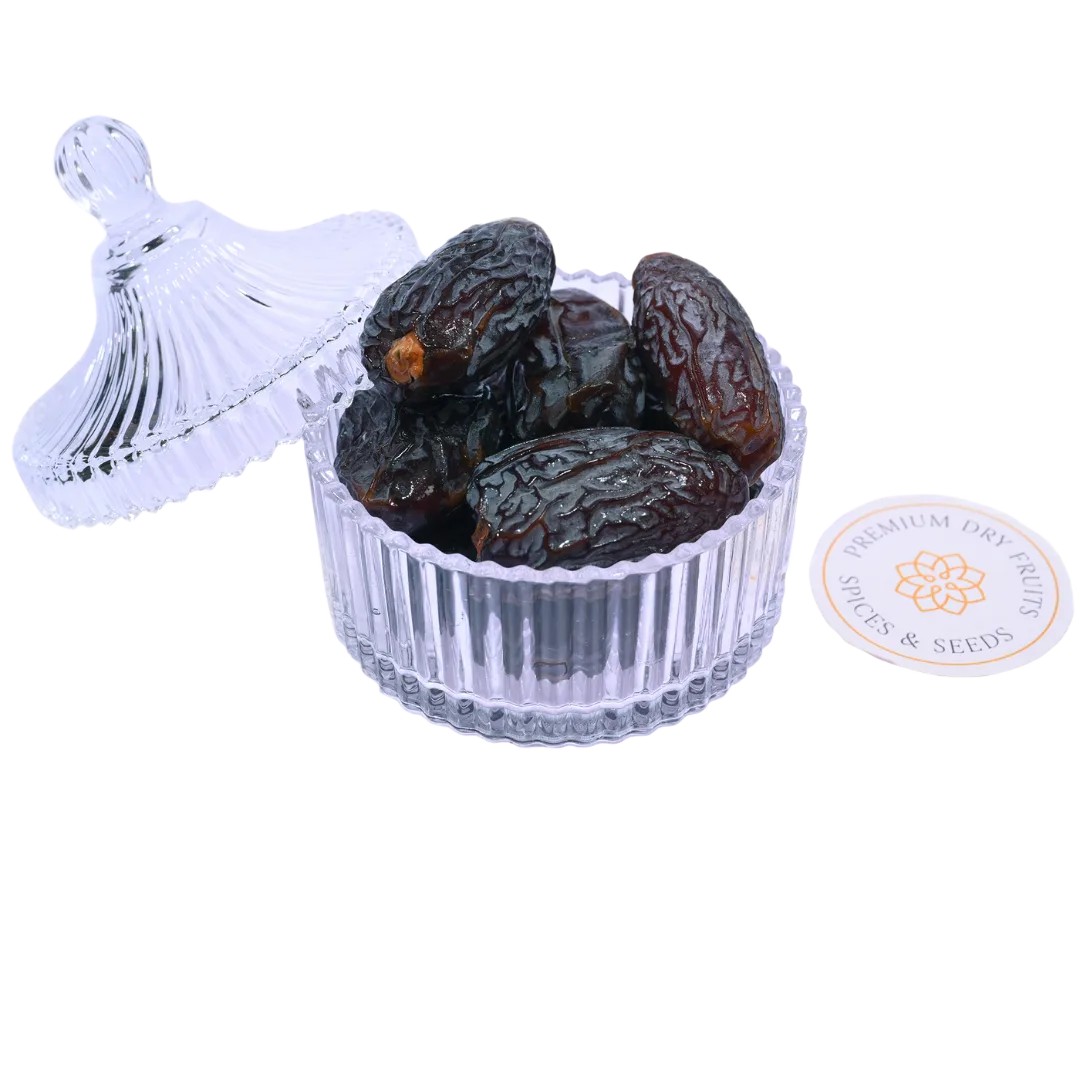 Premium Palestine Medjoul Dates Jumbo in glass bowl soft sweet dates rich in fiber and natural energy
