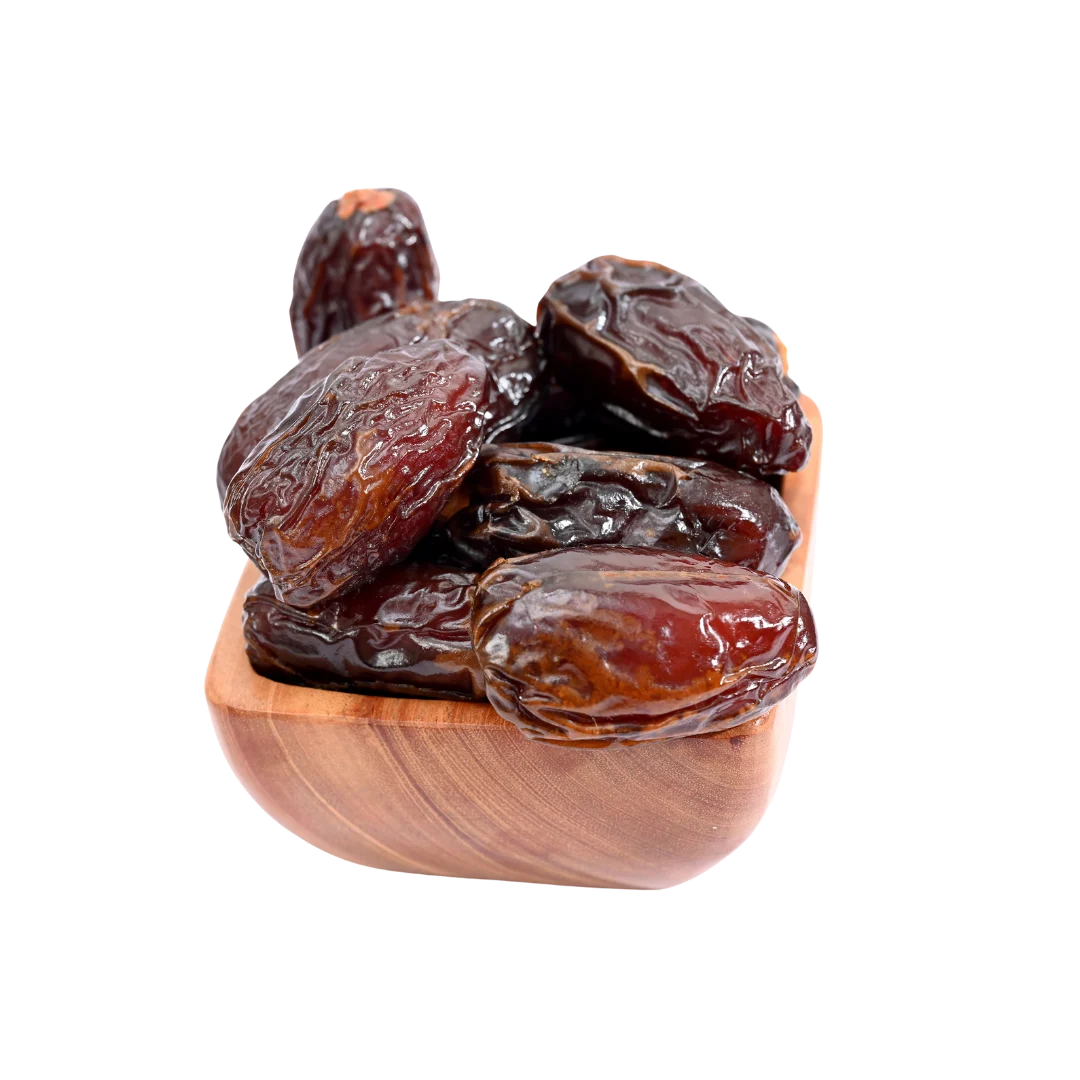 Premium Palestine Medjoul Dates Large in wooden bowl soft sweet natural dates rich in fiber and energy
