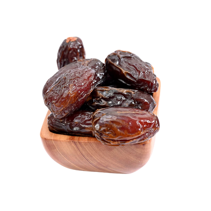 Premium Palestine Medjoul Dates Large in wooden bowl soft sweet natural dates rich in fiber and energy