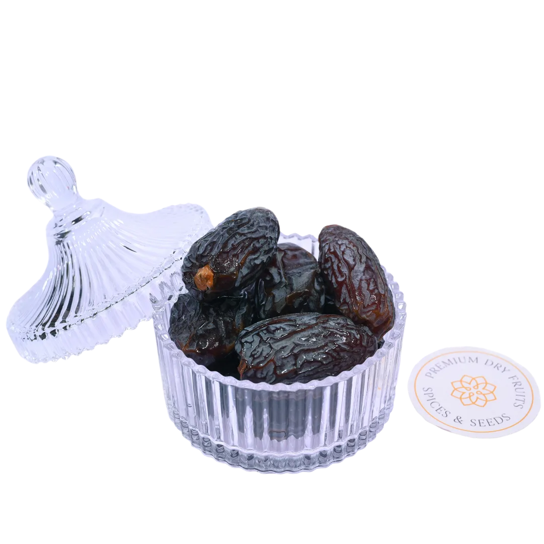 Premium Palestine Medjoul Dates Super Jumbo in glass bowl soft sweet natural energy-rich dates