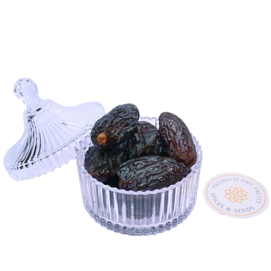 Premium Palestine Medjoul Dates Super Jumbo in glass bowl soft sweet natural energy-rich dates