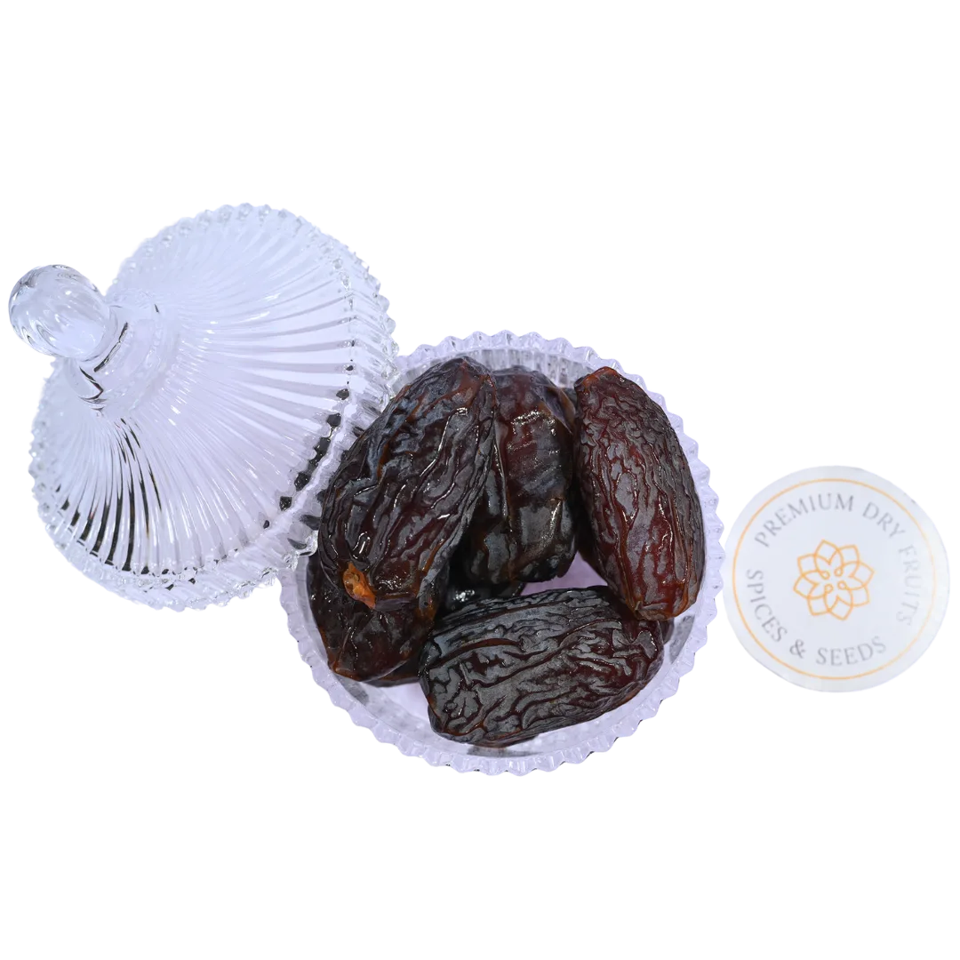 Super Jumbo Medjool Dates from Palestine served in glass bowl premium quality healthy dry fruit