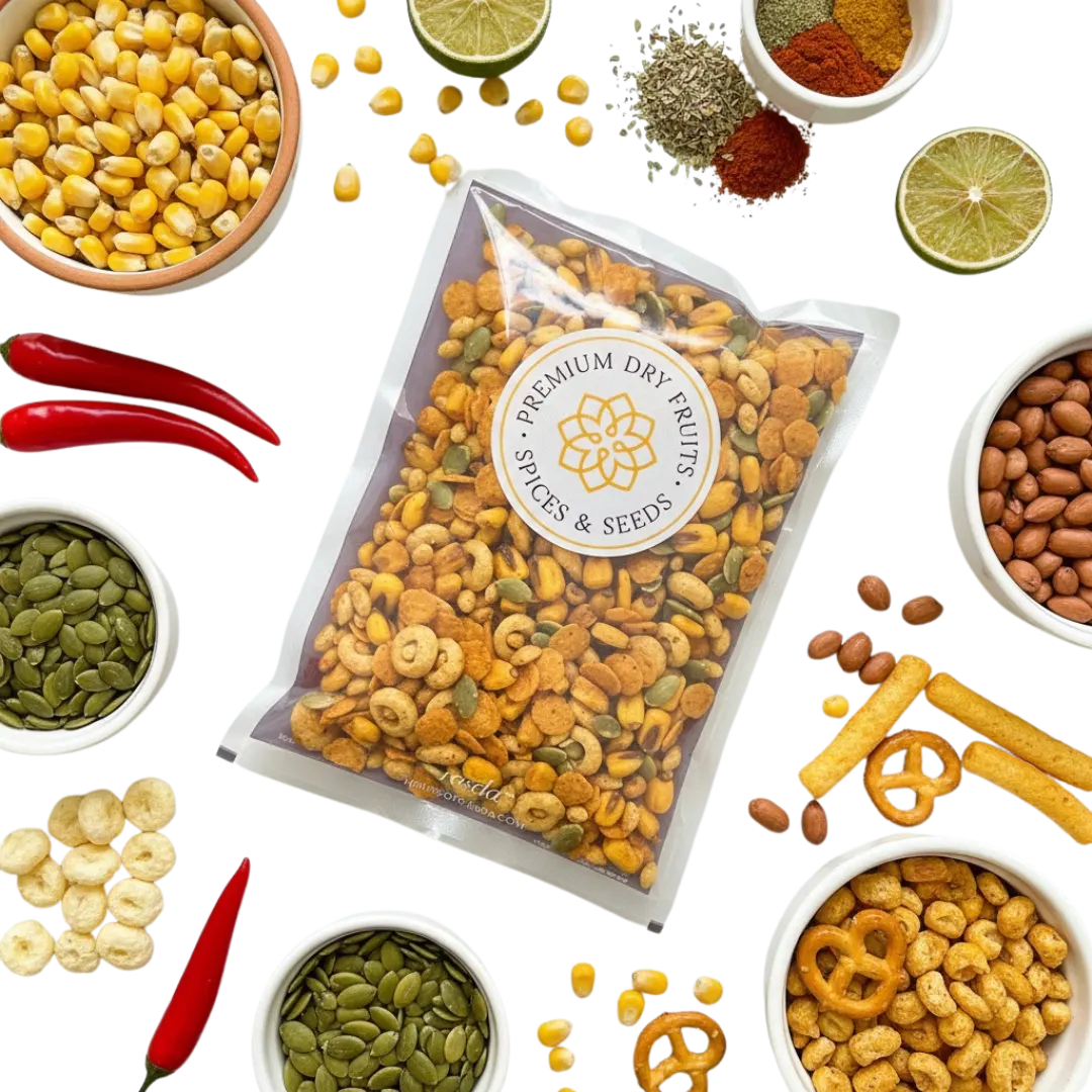 Close-up of baked, not fried Mexican Fiesta Crunch Mix displaying a fiesta of textures with savoury