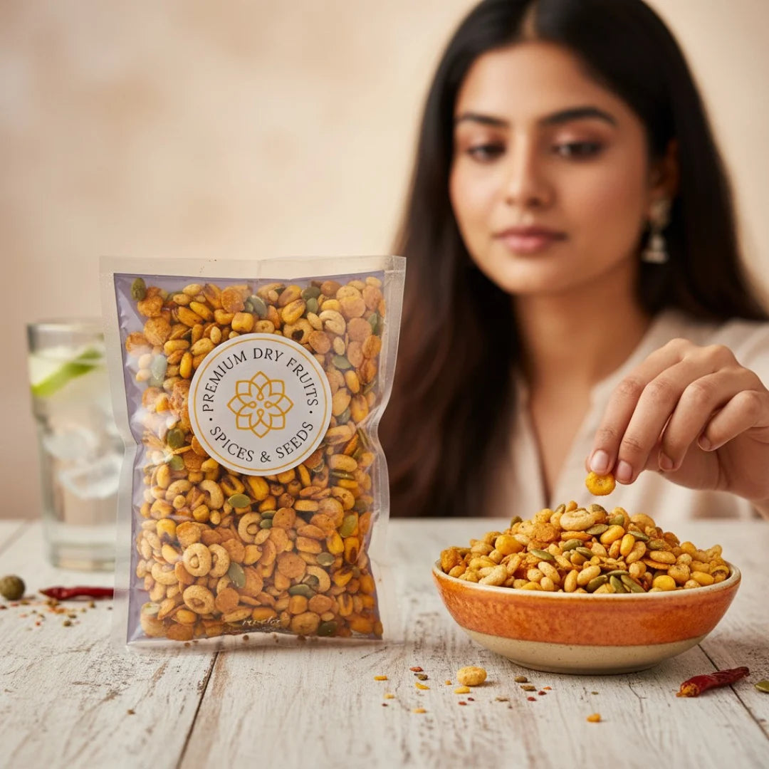 Woman picking a snack from a bowl of premium dry fruits with a package labeled 'Spices & Seeds' on a wooden table.