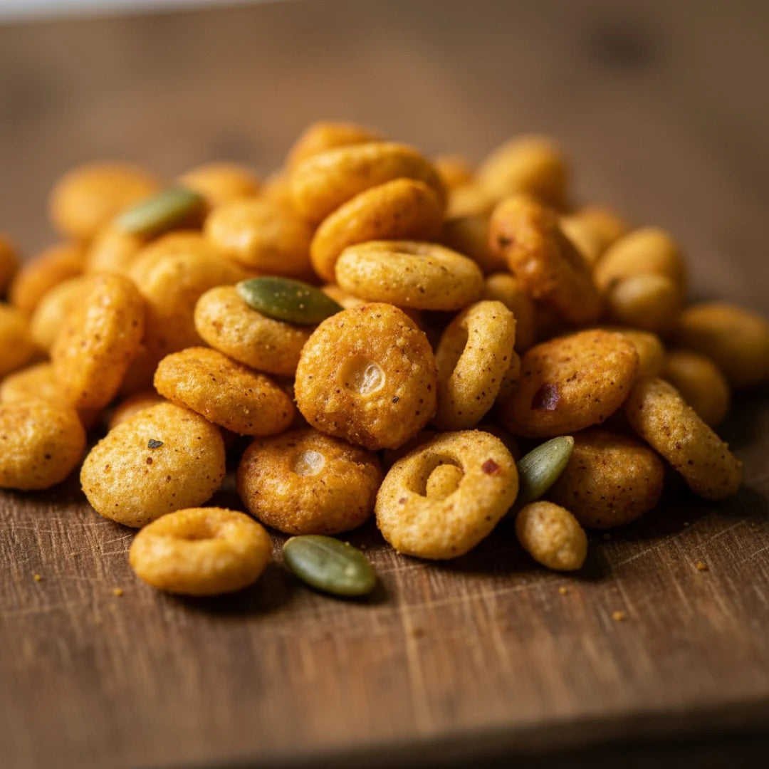 Top-view shot of Mexican Fiesta Crunch Mix ideal for party bowls, movie nights and healthy snacking, showcasing its crunchy