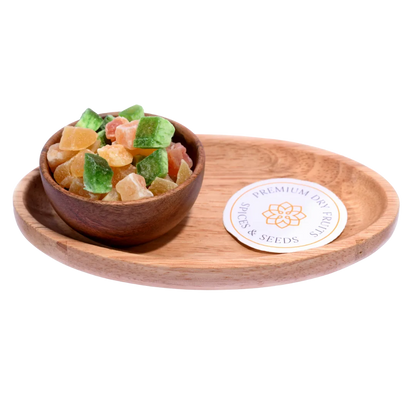 Mixed Dried Fruits Chatpata Dehydrated served in a rustic wooden bowl on a neutral surface.