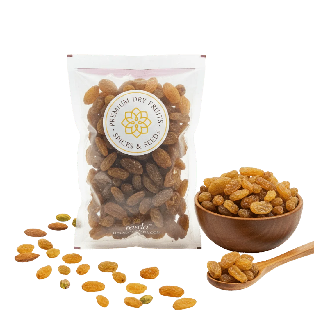 Packaged Munakka Raisins Premium with a bowl and spoon on a white background
