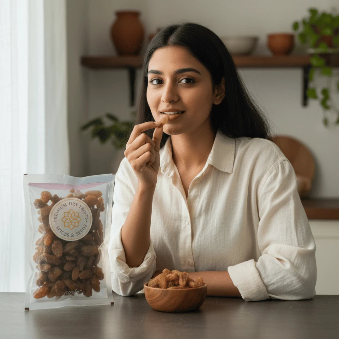 Woman eating Munakka Raisins Premium from a package and bowl in a home setting