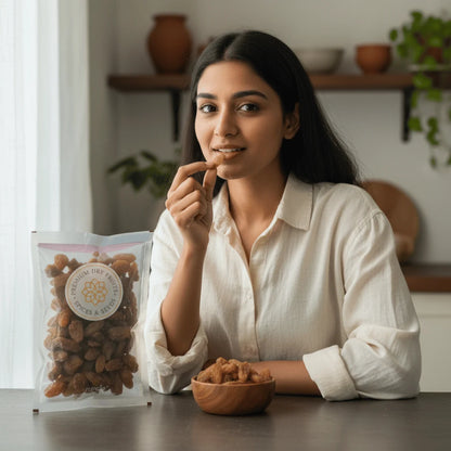 Woman eating Munakka Raisins Premium from a package and bowl in a home setting