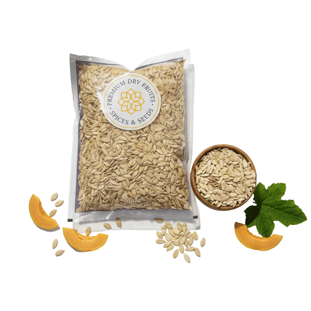 Packaged Muskmelon Seeds with a bowl of Muskmelon Seeds and decorative elements on a white background