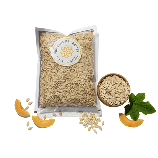 Packaged Muskmelon Seeds with a bowl of Muskmelon Seeds and decorative elements on a white background