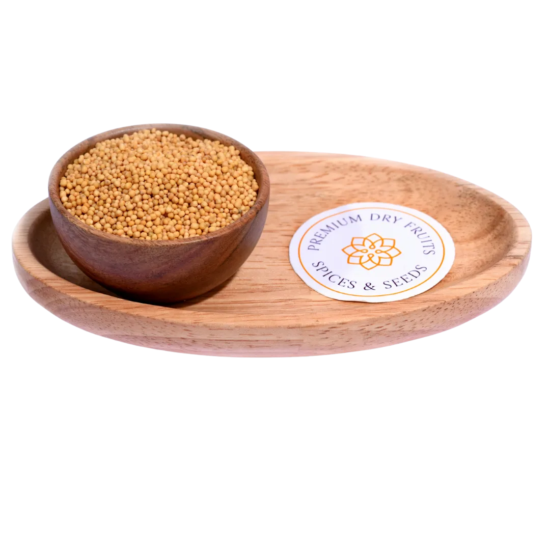 Yellow Mustard Seeds in a wooden bowl showcase fresh, premium-quality seeds for cooking.
