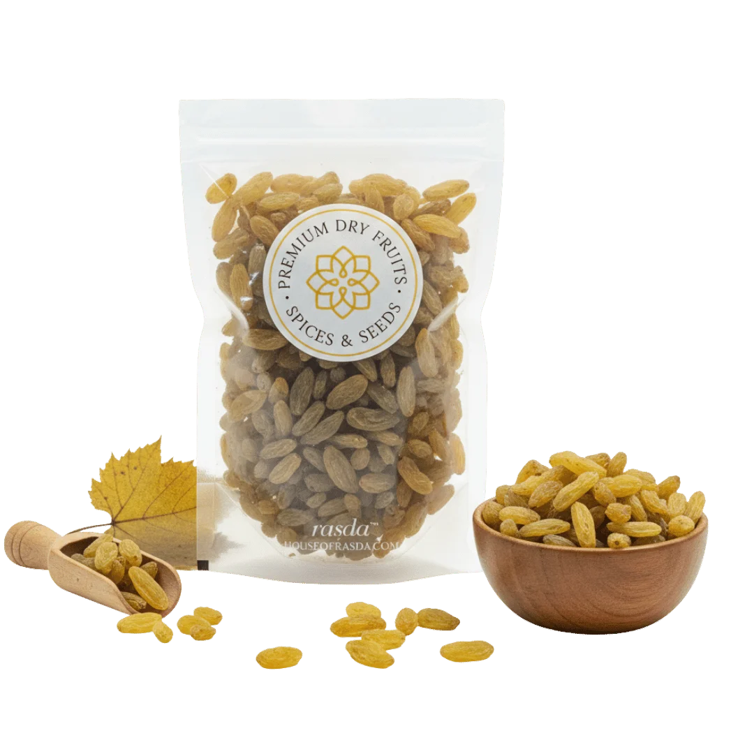 Packaged Natal Raisins Premium  with a wooden bowl and scoop on a white background