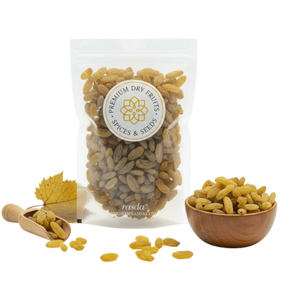 Packaged Natal Raisins Premium  with a wooden bowl and scoop on a white background