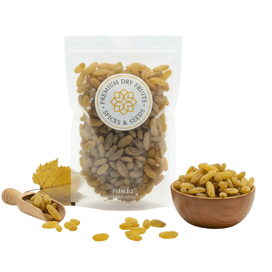 Packaged Natal Raisins Premium  with a wooden bowl and scoop on a white background