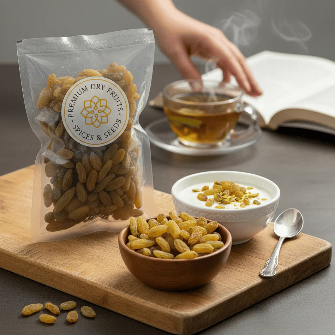 Packaged Natal Raisins Premium on a wooden board with a bowl of yogurt and tea.