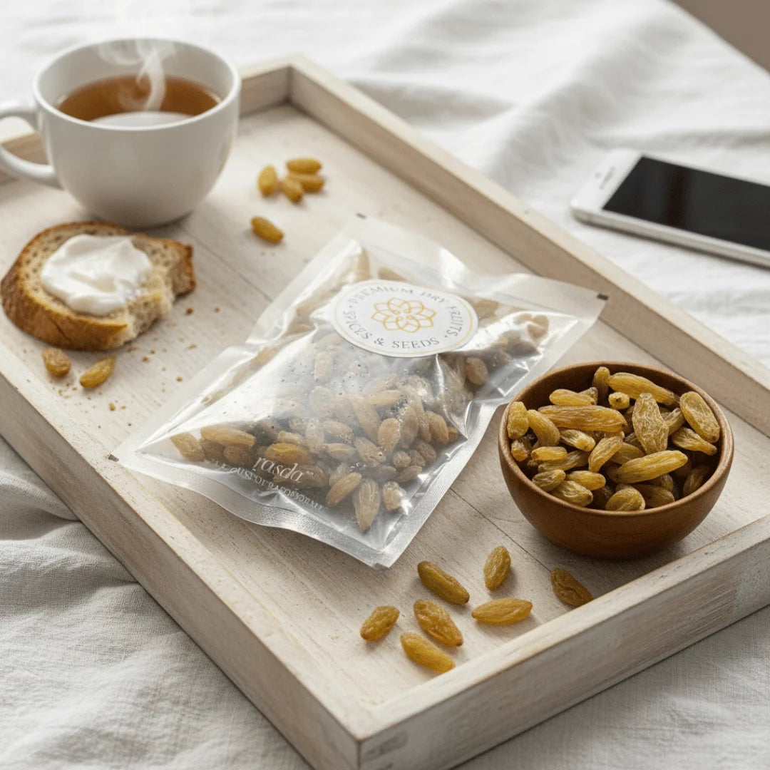 Tray with a cup of tea, bread, and packages of Natal Raisins Premium on a white surface.
