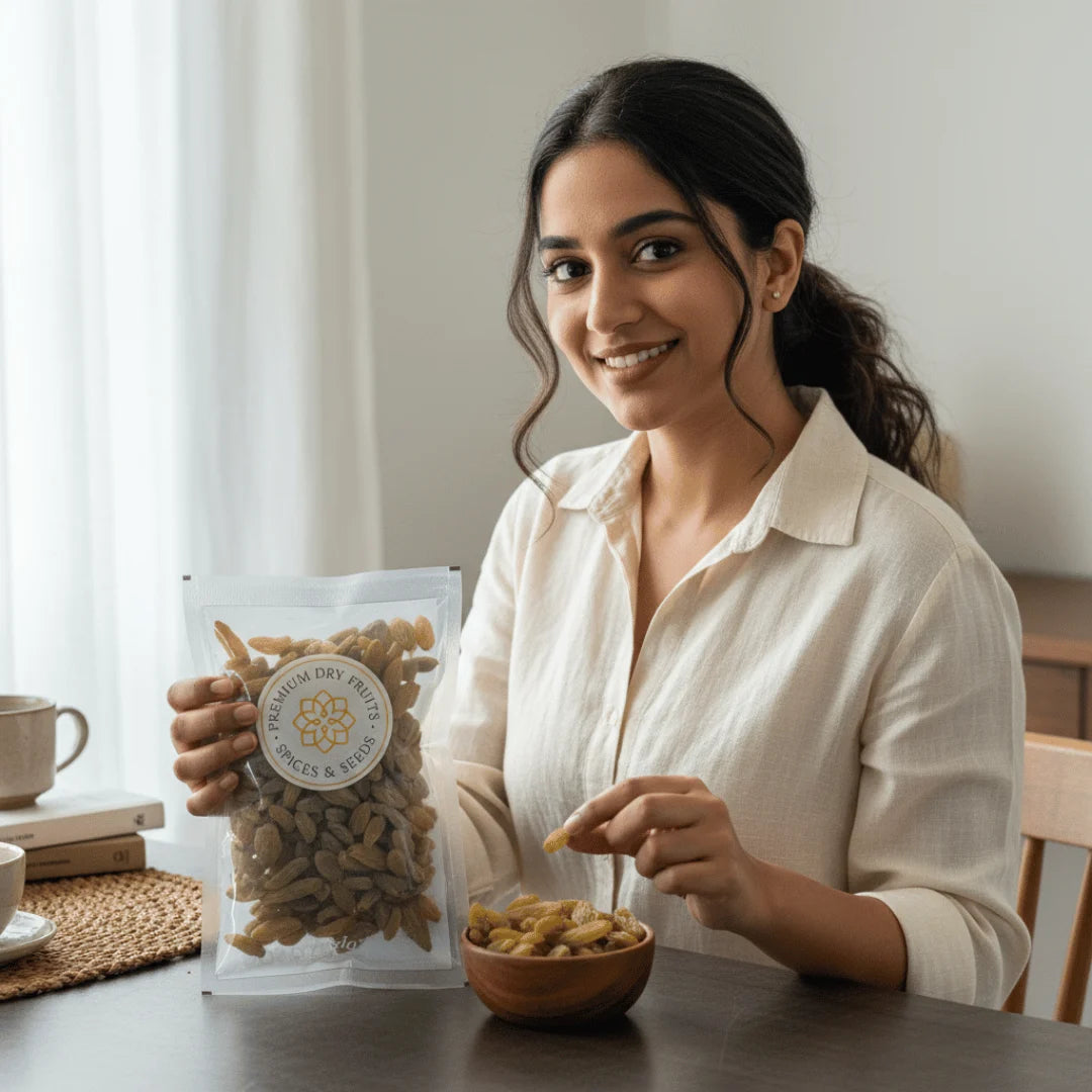 Woman holding a package of Natal Raisins Premium and nuts, sitting at a table with a bowl of raisins .