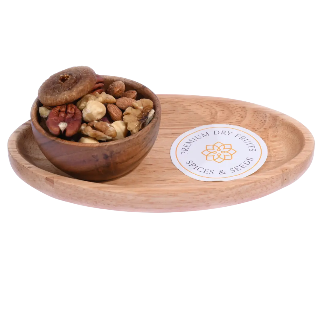 Nutty Trail Mix in a wooden bowl showcases a wholesome blend of crunchy nuts and seeds.