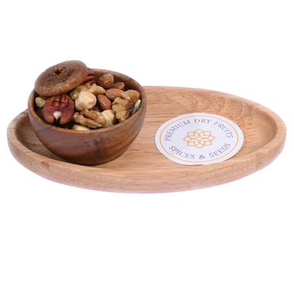Nutty Trail Mix in a wooden bowl showcases a wholesome blend of crunchy nuts and seeds.