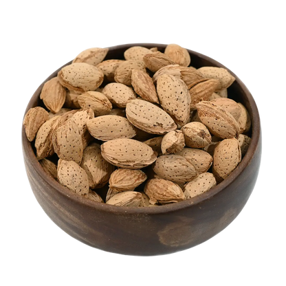 Paper Shell Almonds/ Thin Shelled Almonds/ Kagzi Badam -  Wooden bowl filled with almonds on a white background