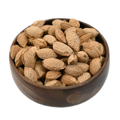 Paper Shell Almonds/ Thin Shelled Almonds/ Kagzi Badam -  Wooden bowl filled with almonds on a white background