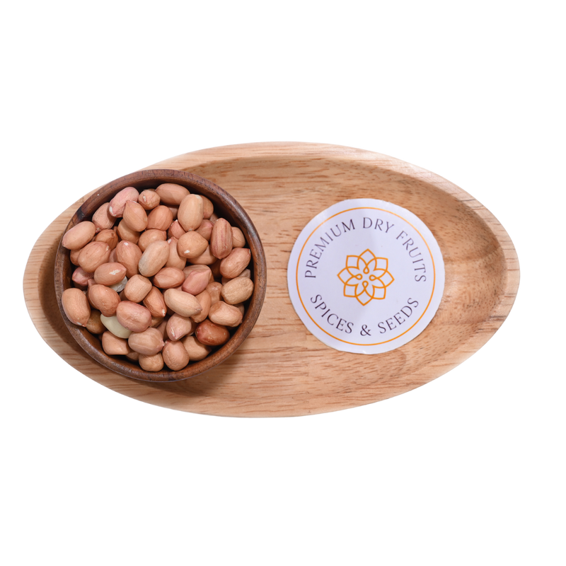 A wooden bowl filled with plain ground nuts or Peanuts plain