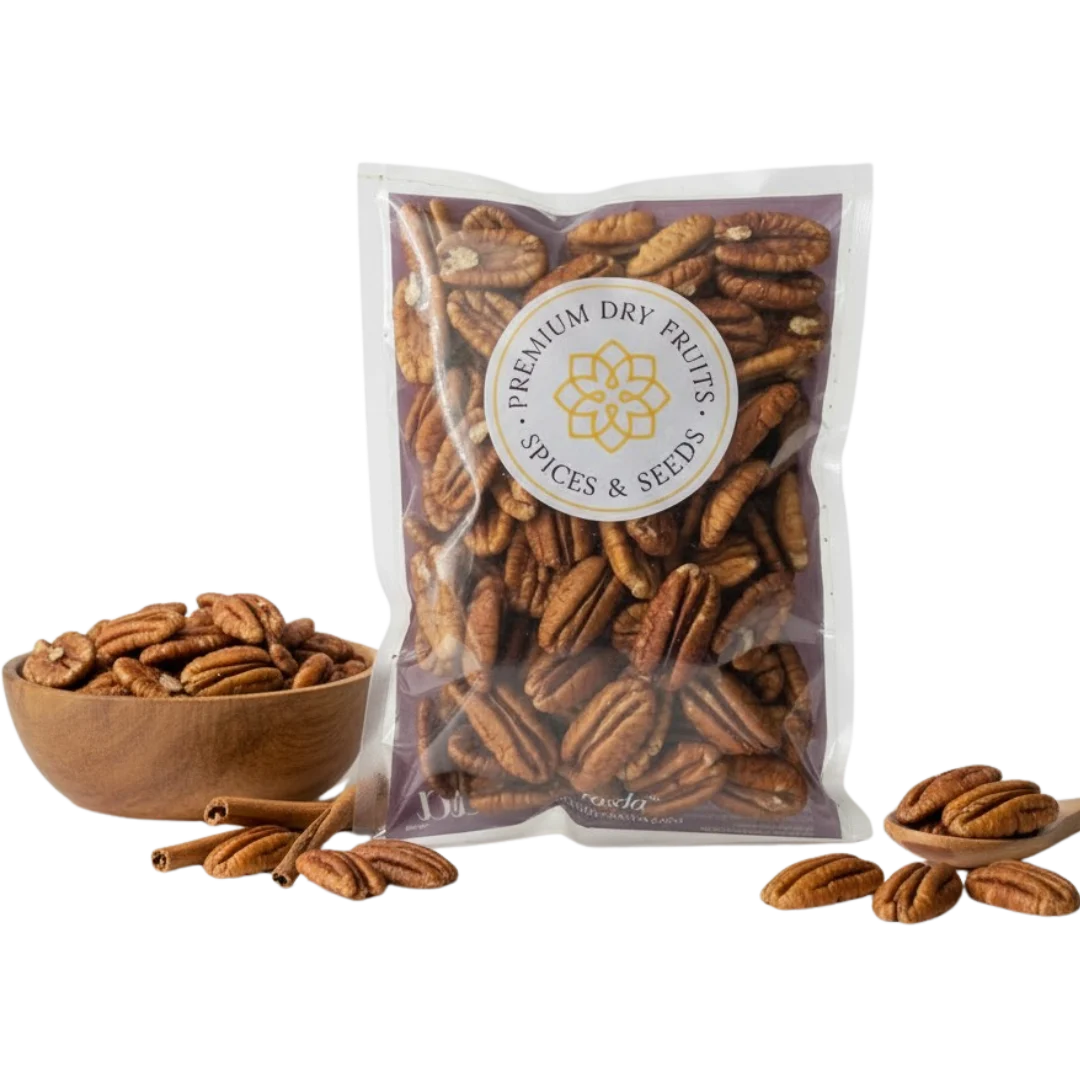 Bag of pecans with a visible brand logo on a white background